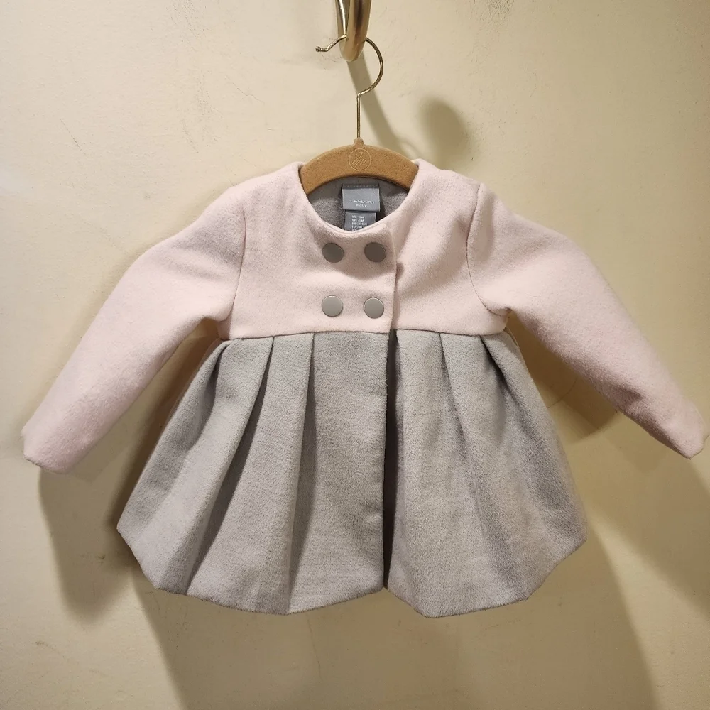 TAHARI baby Girl pink and gray Pea Coat Jacket size 12M